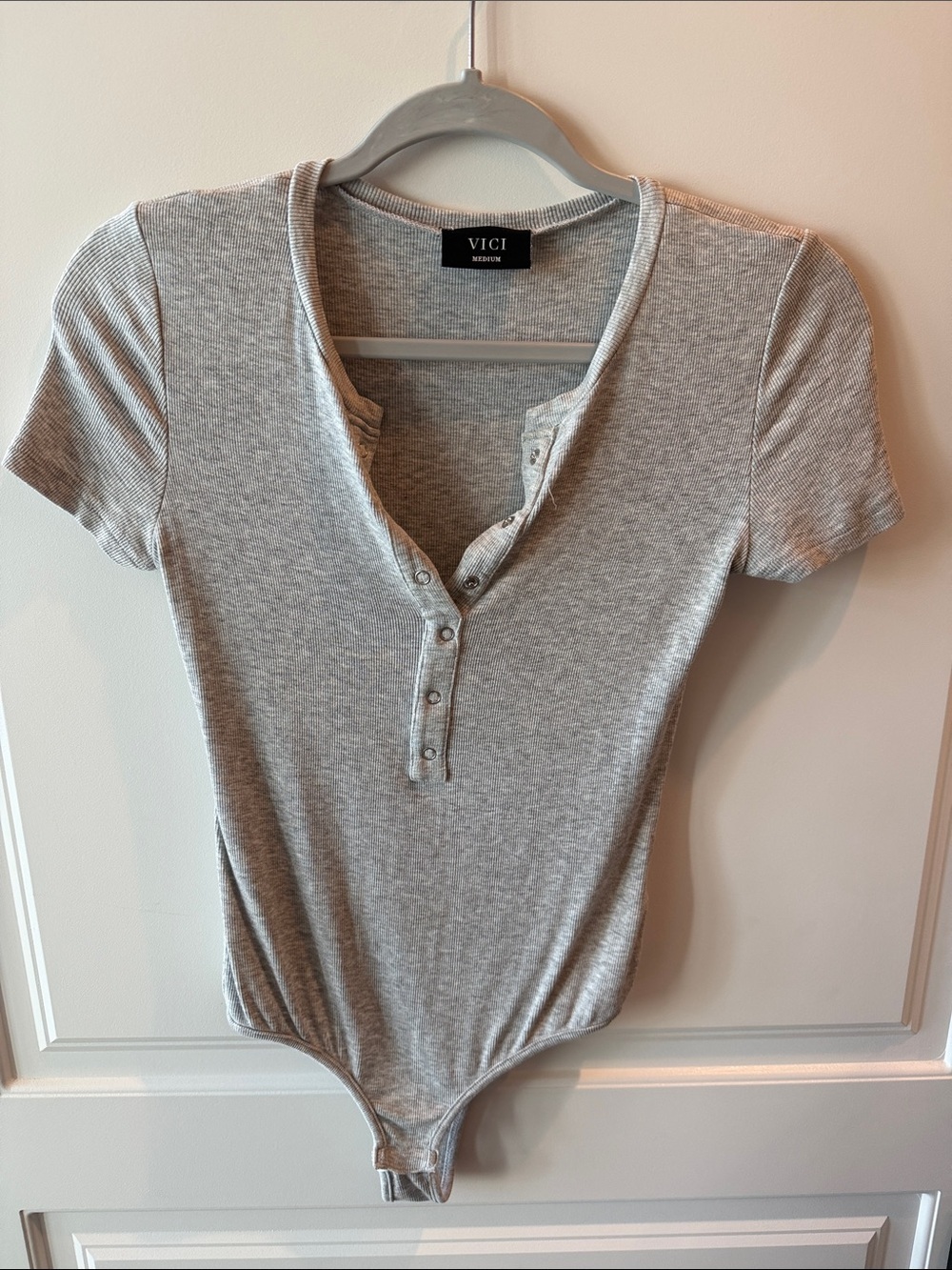 VICI Light Gray Ribbed Henley Snap-Front Bodysuit